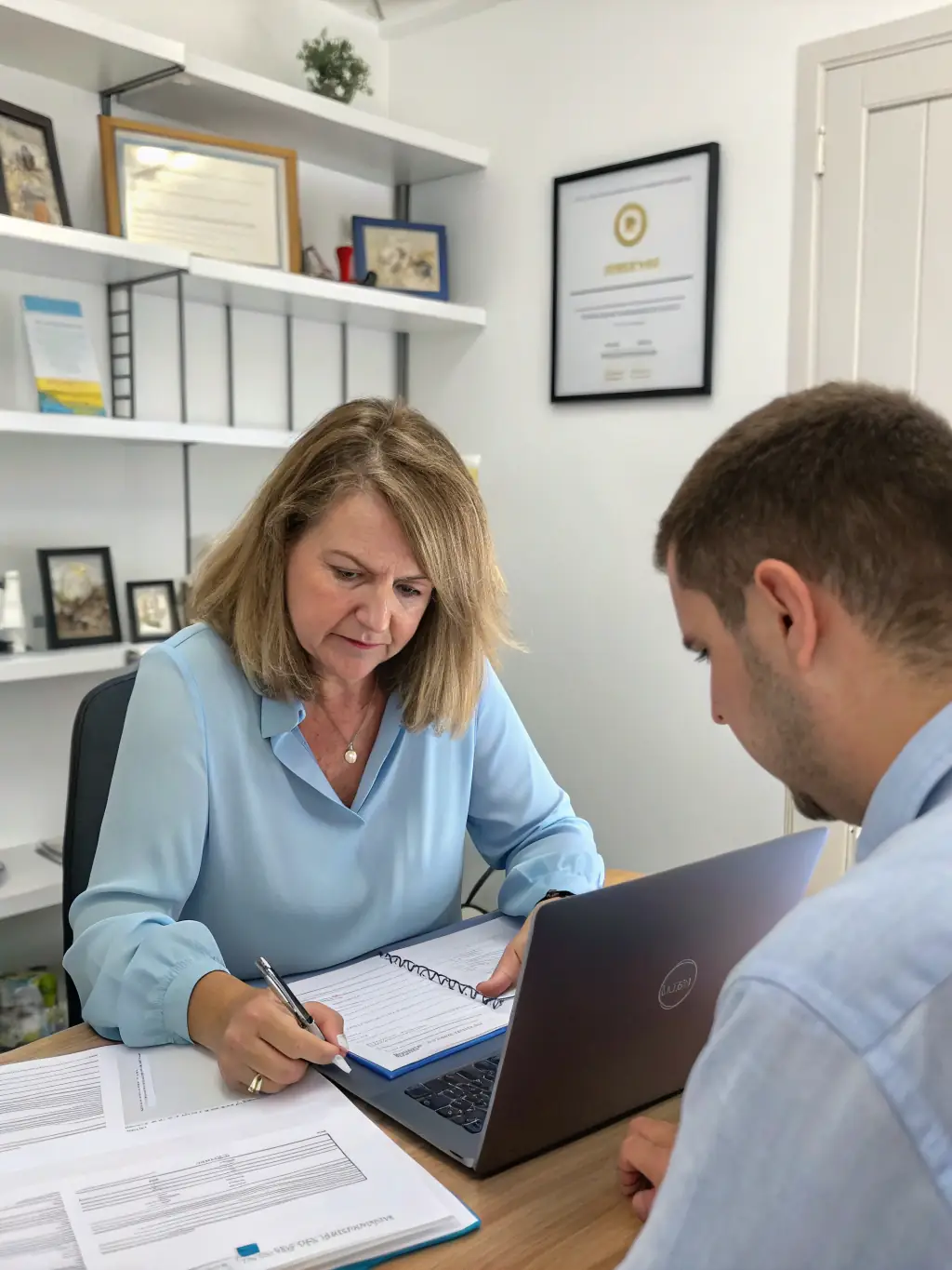 A consultant guiding a client through business paperwork and operational planning, with automotive industry charts in the background, representing business support services.