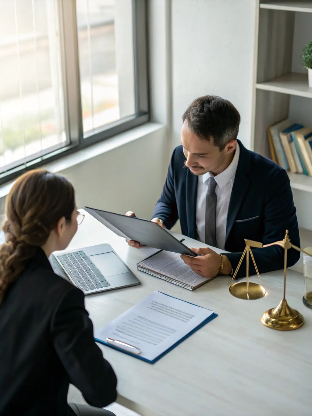 A professional consultant in business attire discussing vehicle import strategies with a client in an office setting, representing automotive industry advisory services.