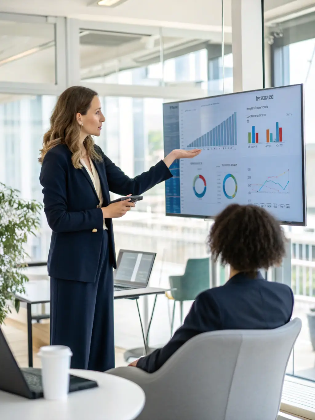 A professional business consultant presenting automotive market analysis charts to a group of clients in a modern office setting, emphasizing strategic planning.