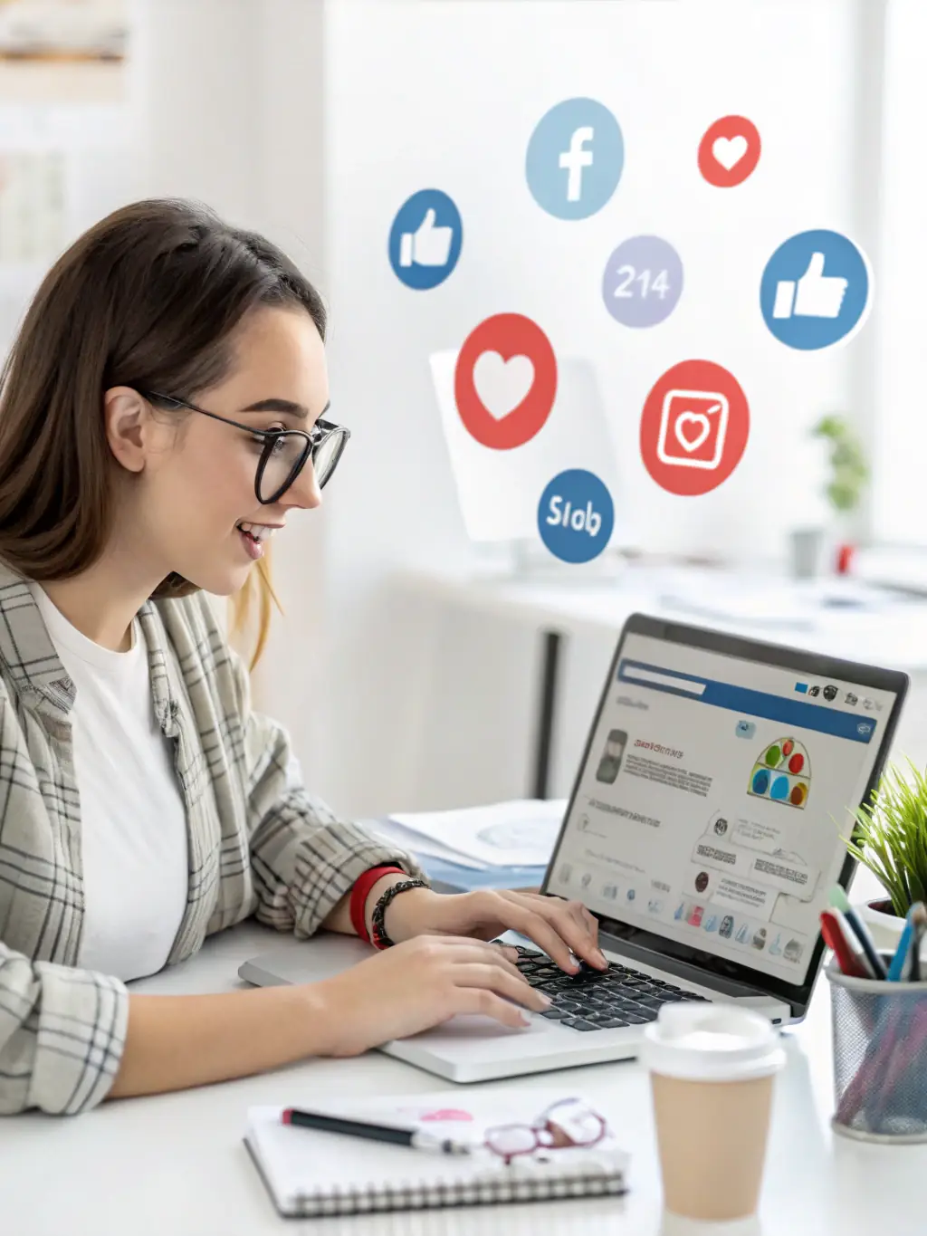A digital marketing specialist designing promotional materials for automotive services, with branding visuals and campaign analytics on a laptop screen.