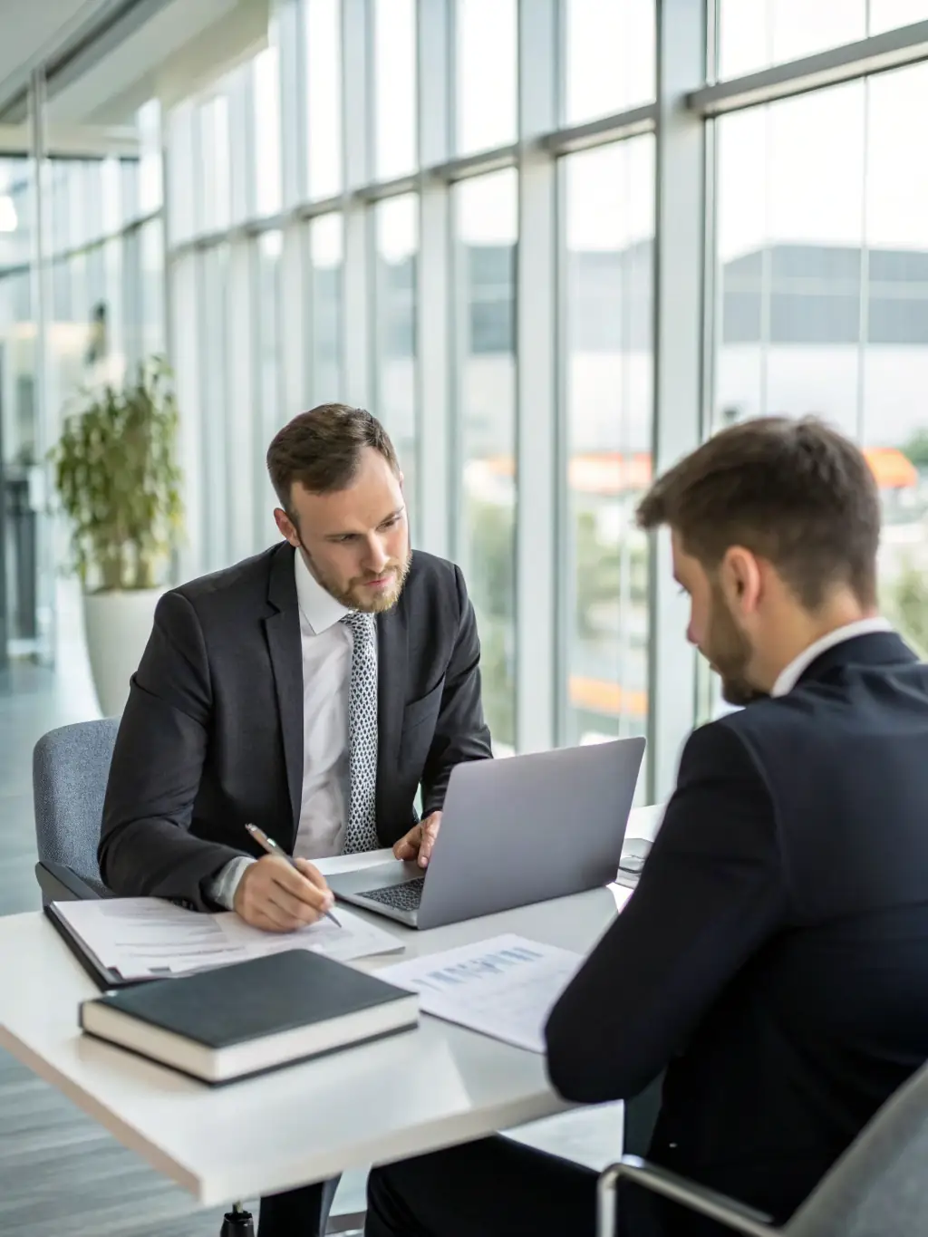 A consultant advising a client on operational improvements, with vehicle import/export documentation and workflow diagrams visible on the table.
