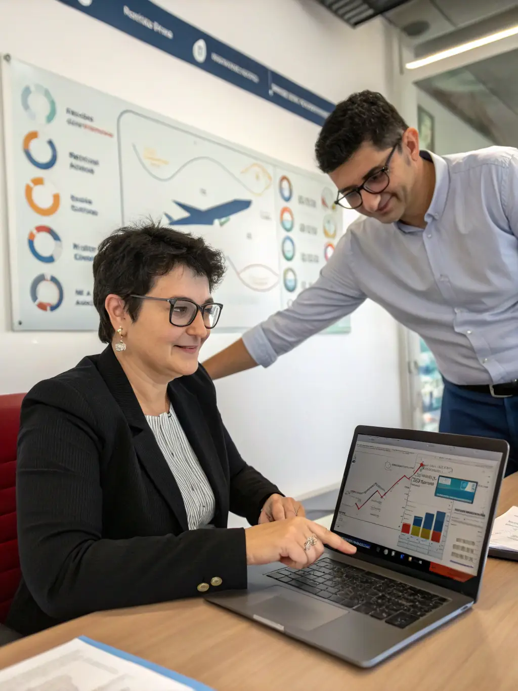 A marketing specialist presenting digital campaign results on a laptop, with automotive branding materials visible, symbolizing marketing support for car businesses.
