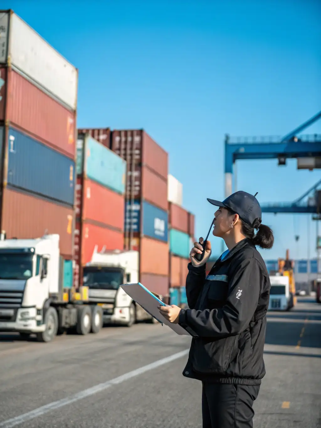 A logistics coordinator reviewing shipping documents beside a car transporter, illustrating process coordination for automotive import/export operations.