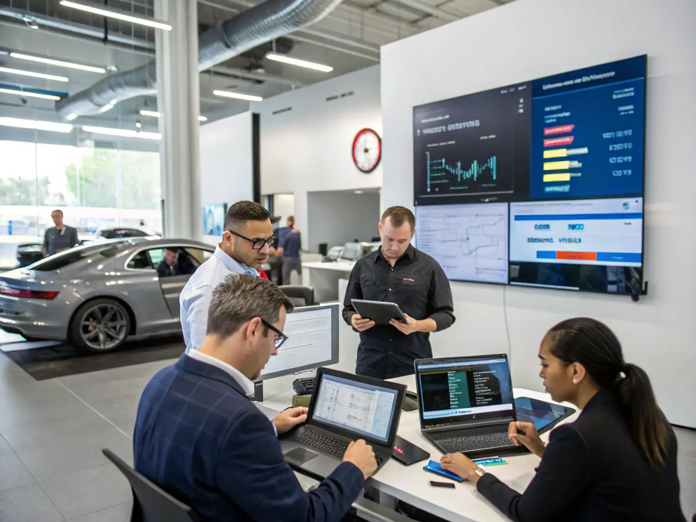 A group of automotive professionals in a conference room, collaborating over industry reports and digital tablets, with a luxury car visible through a glass wall.