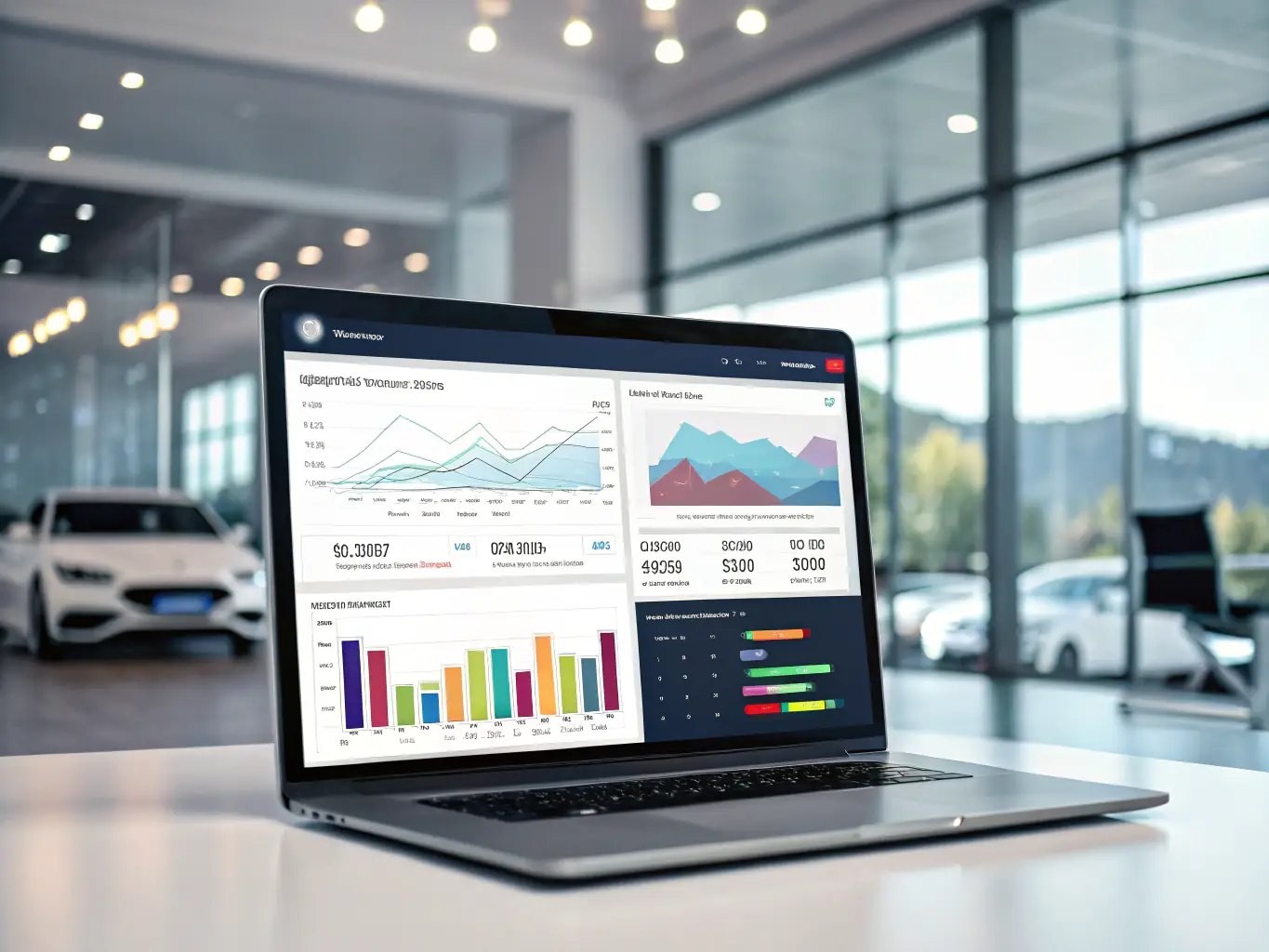 A digital marketing specialist analyzing automotive advertising campaign analytics on a large screen, with car images and branding elements visible, in a sleek, tech-driven workspace.