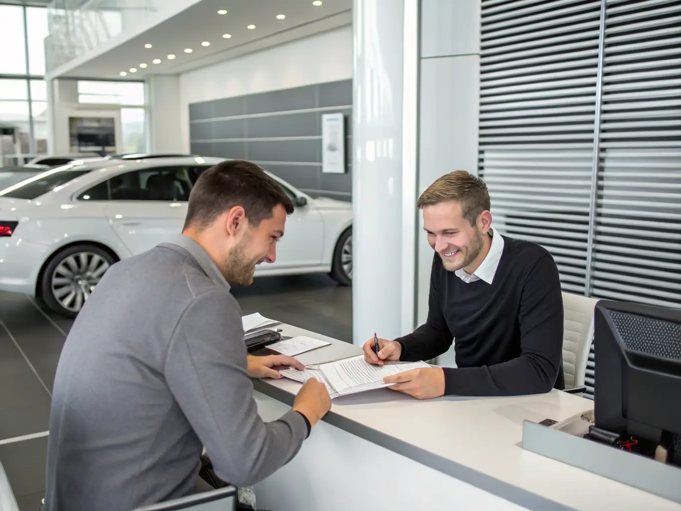 A professional automotive consultant in a modern office, reviewing vehicle import documents with a client, both focused and engaged, with automotive posters and a laptop visible in the background.